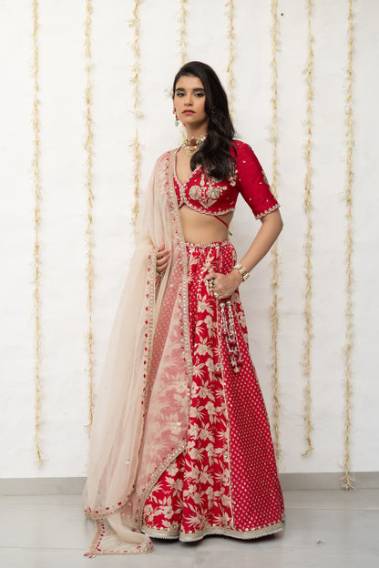Cherry Red Silk Embroidered Concept Lehenga Set