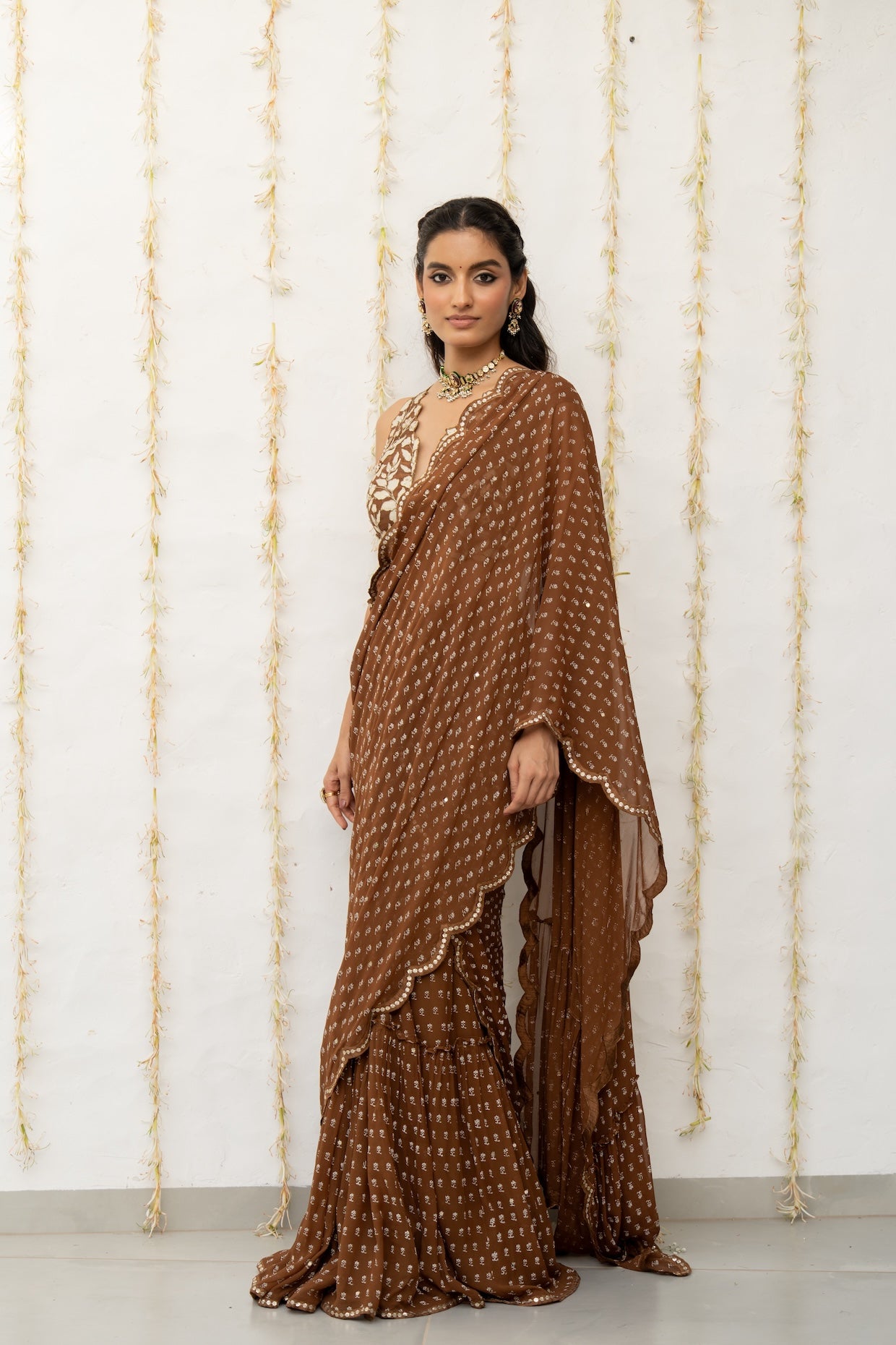 Cocoa Brown Georgette Draped Saree Set