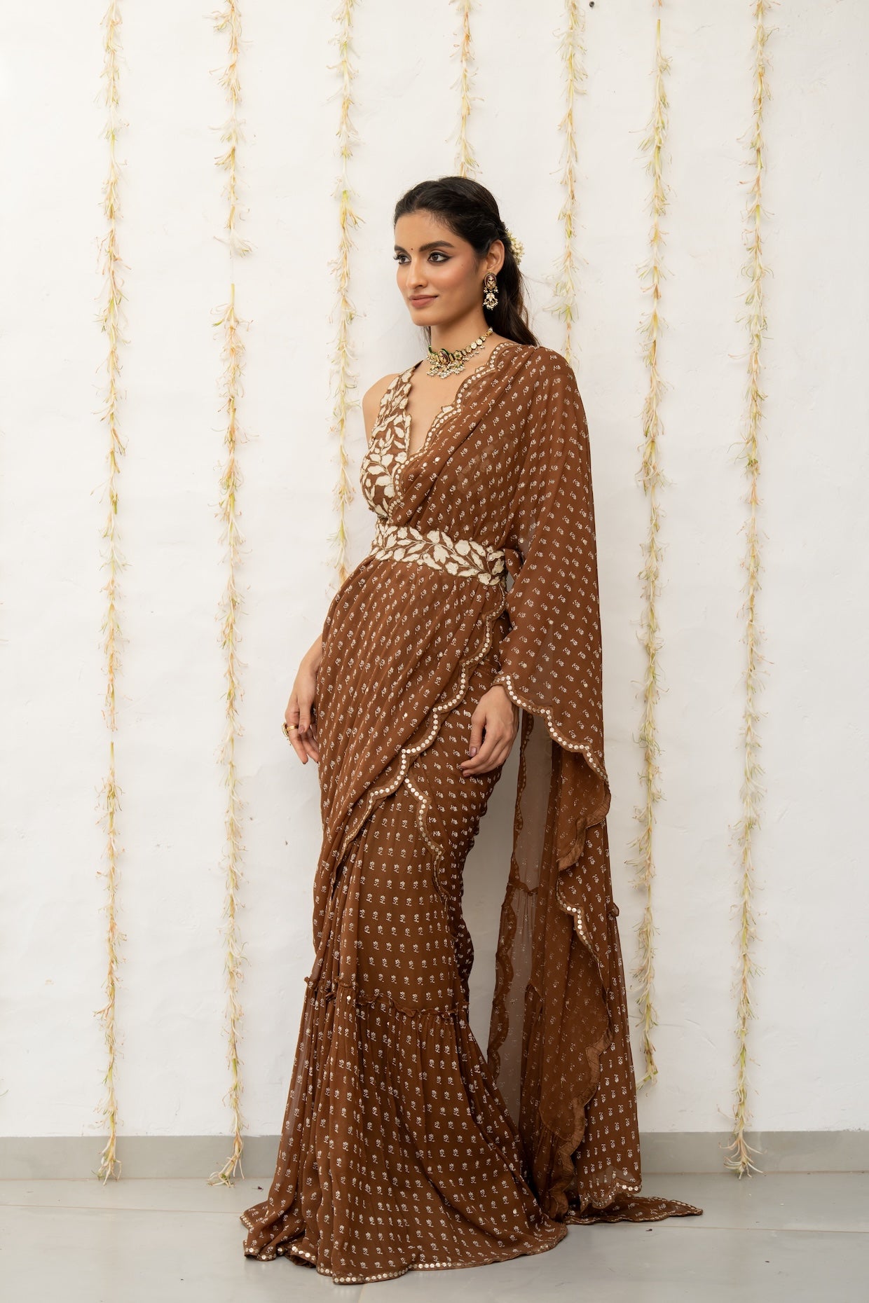 Cocoa Brown Georgette Draped Saree Set