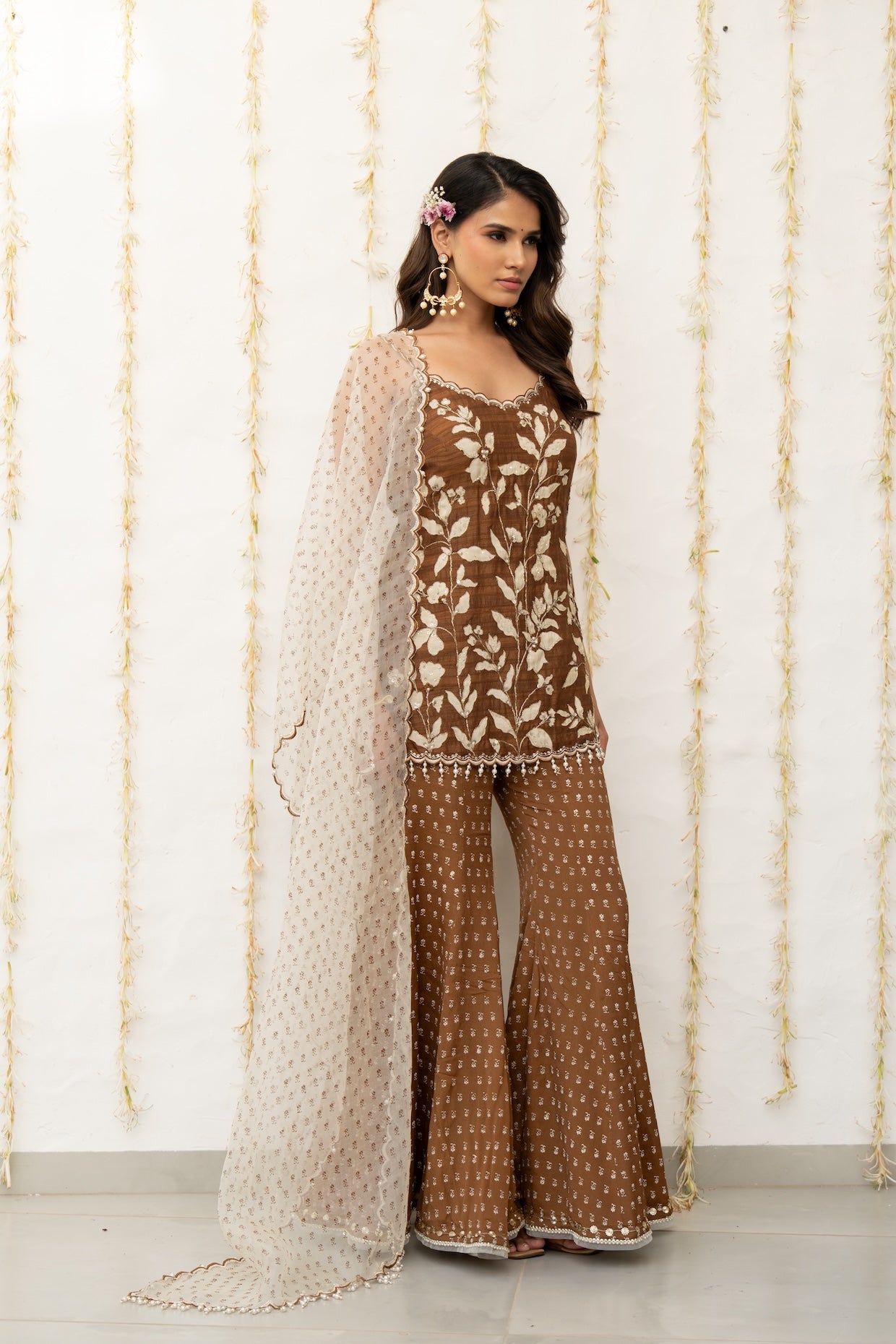 Cocoa Brown Silk Embroidered Sharara Set