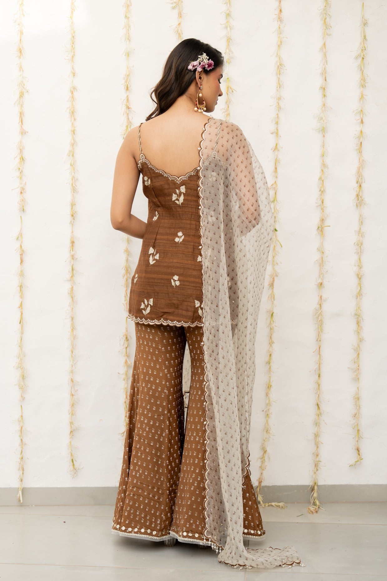 Cocoa Brown Silk Embroidered Sharara Set