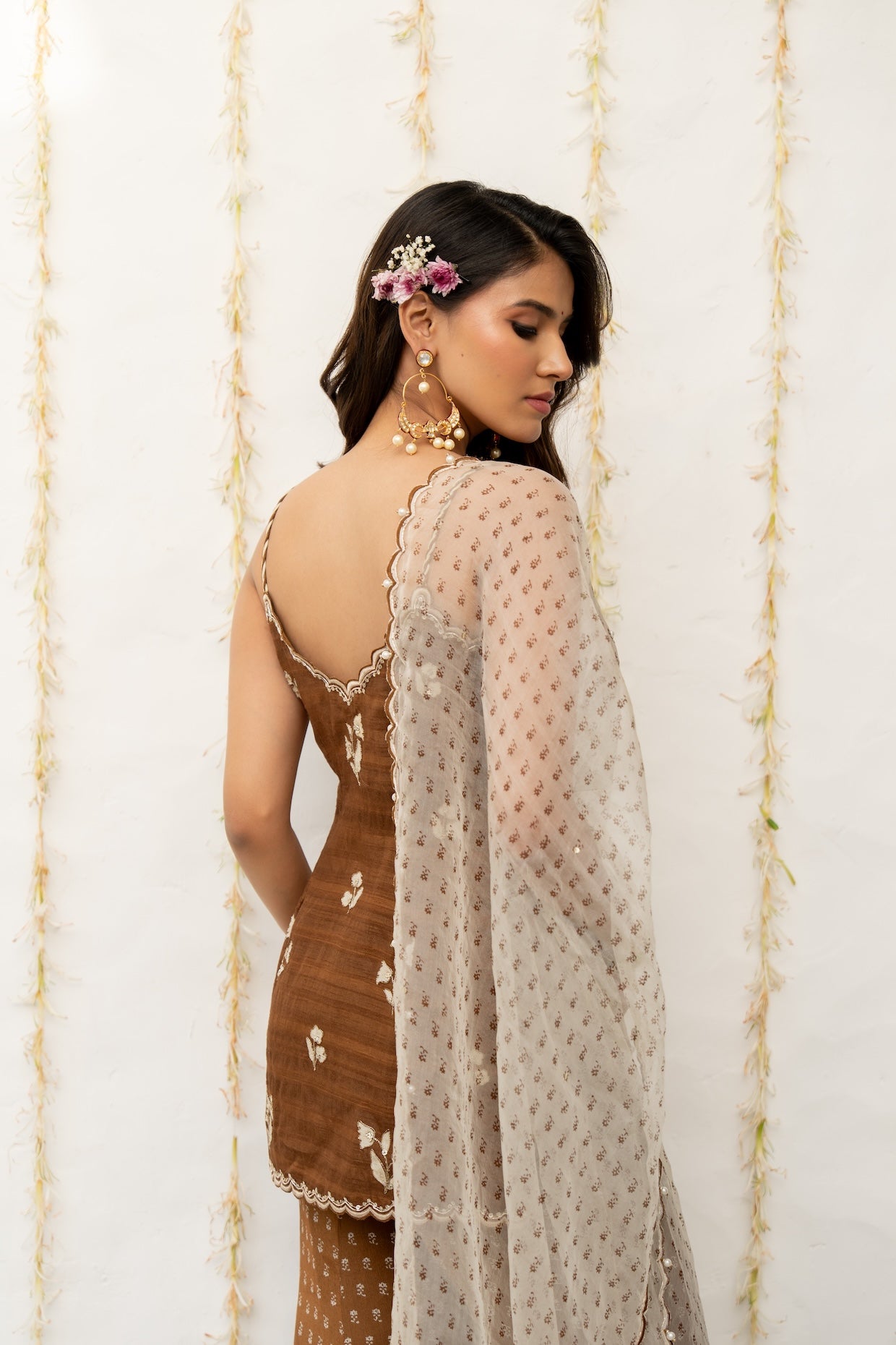Cocoa Brown Silk Embroidered Sharara Set