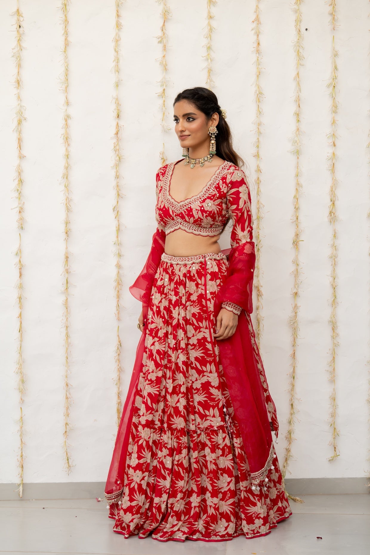 Cherry Red Crepe Tiered Skirt Set