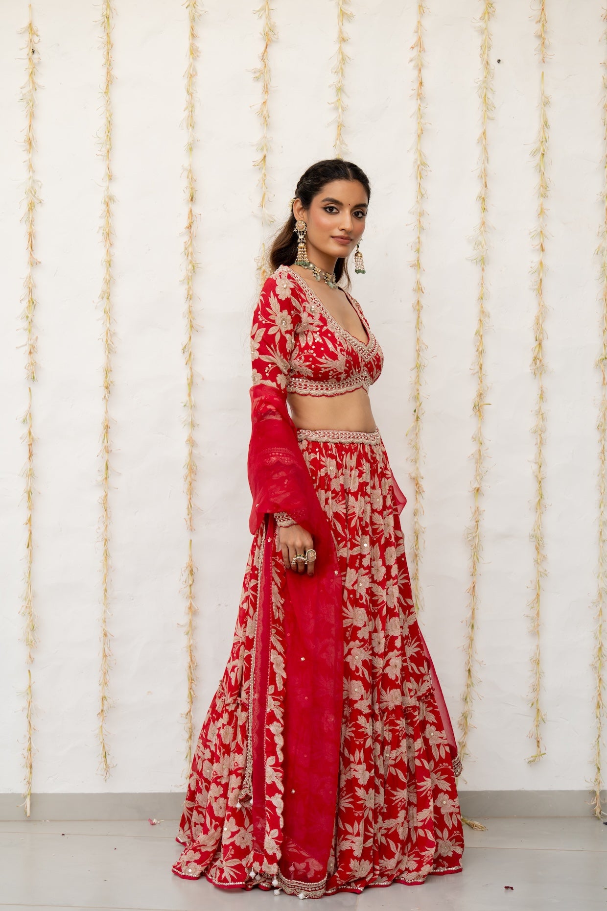 Cherry Red Crepe Tiered Skirt Set