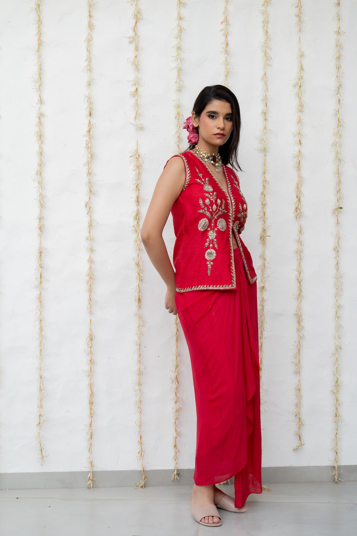 Cherry Red Silk Waistcoat Jacket Set