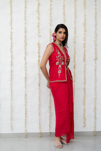 Cherry Red Silk Waistcoat Jacket Set