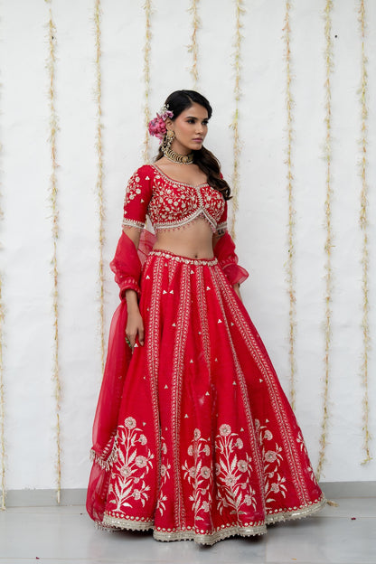 Cherry Red Silk Embroidered Lehenga Set