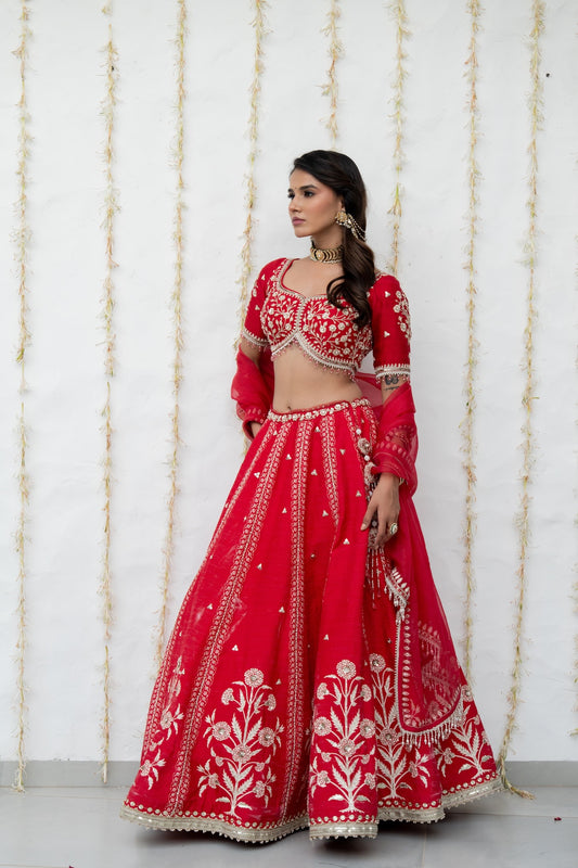 Cherry Red Silk Embroidered Lehenga Set