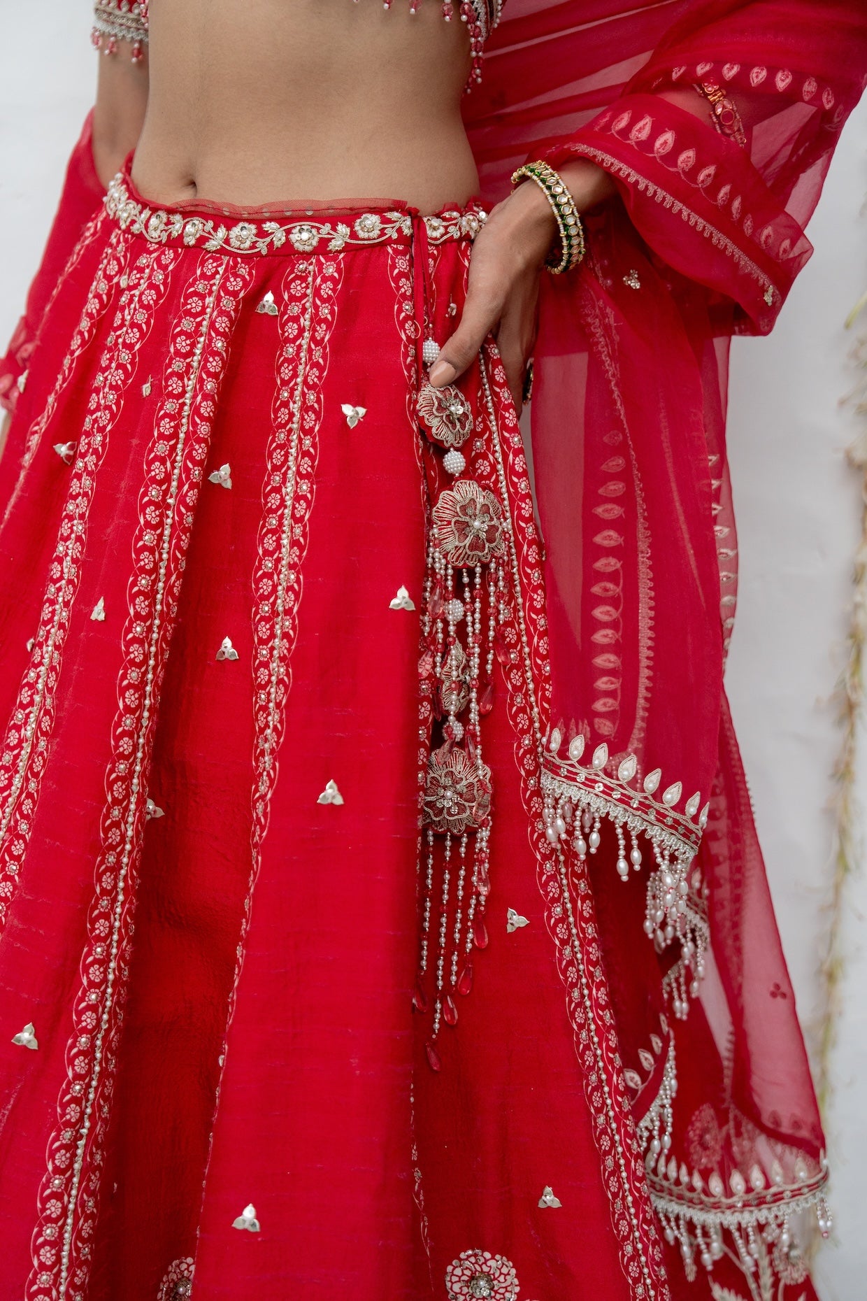 Cherry Red Silk Embroidered Lehenga Set