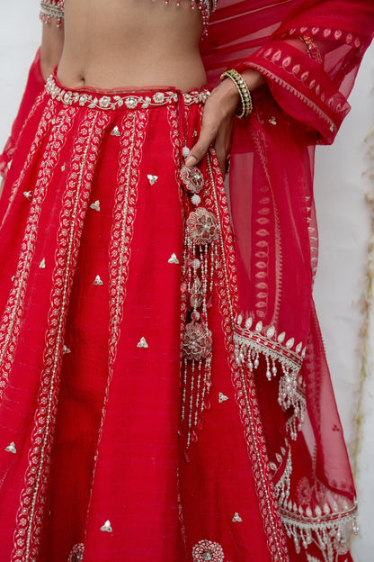 Cherry Red Silk Embroidered Lehenga Set