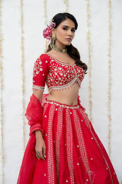 Cherry Red Silk Embroidered Lehenga Set