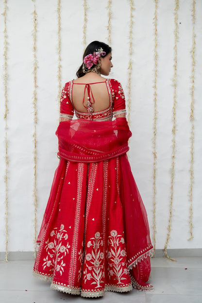 Cherry Red Silk Embroidered Lehenga Set