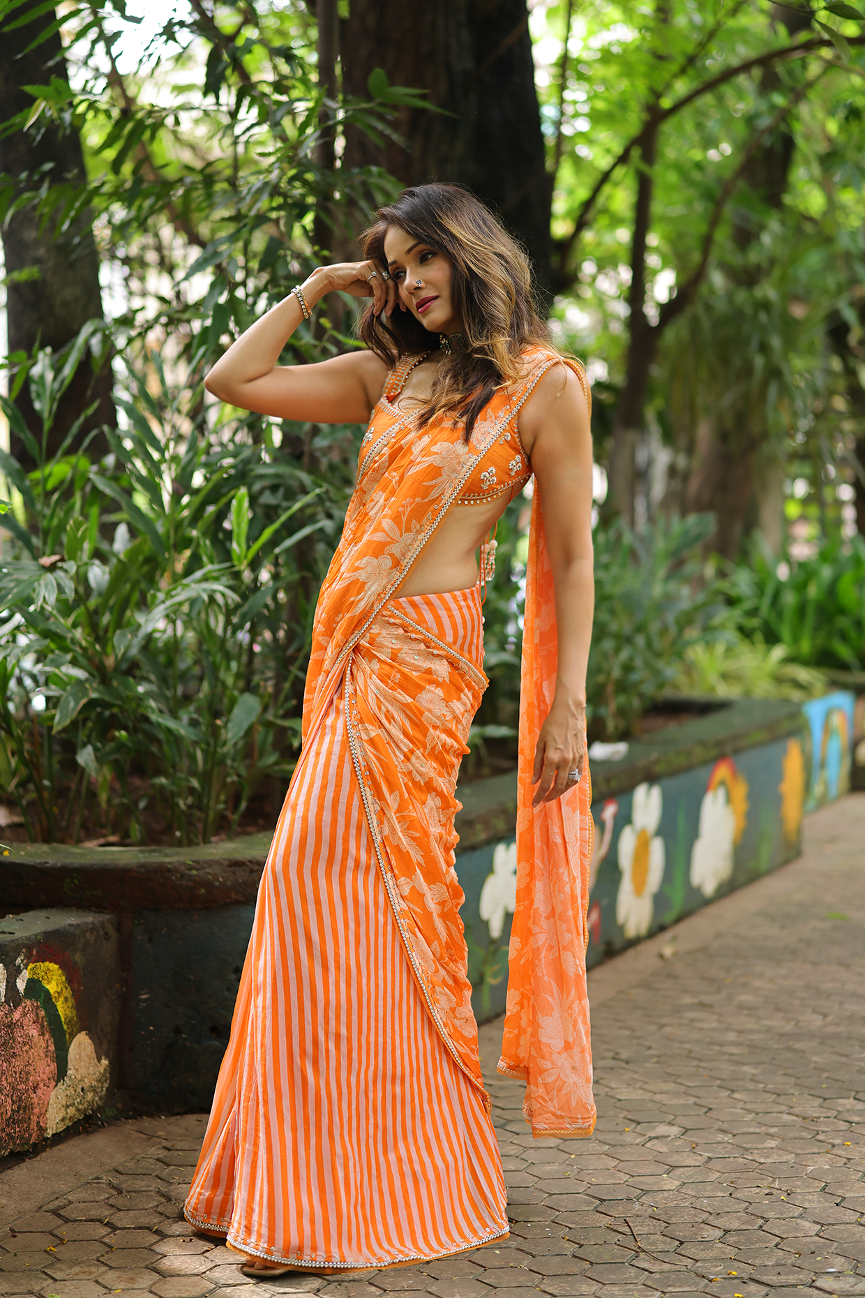 Vidya Malavde In Orange Chiffon Draped Saree Set