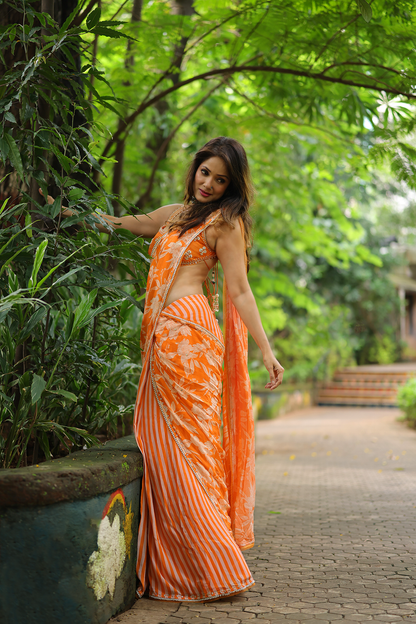Vidya Malavde In Orange Chiffon Draped Saree Set