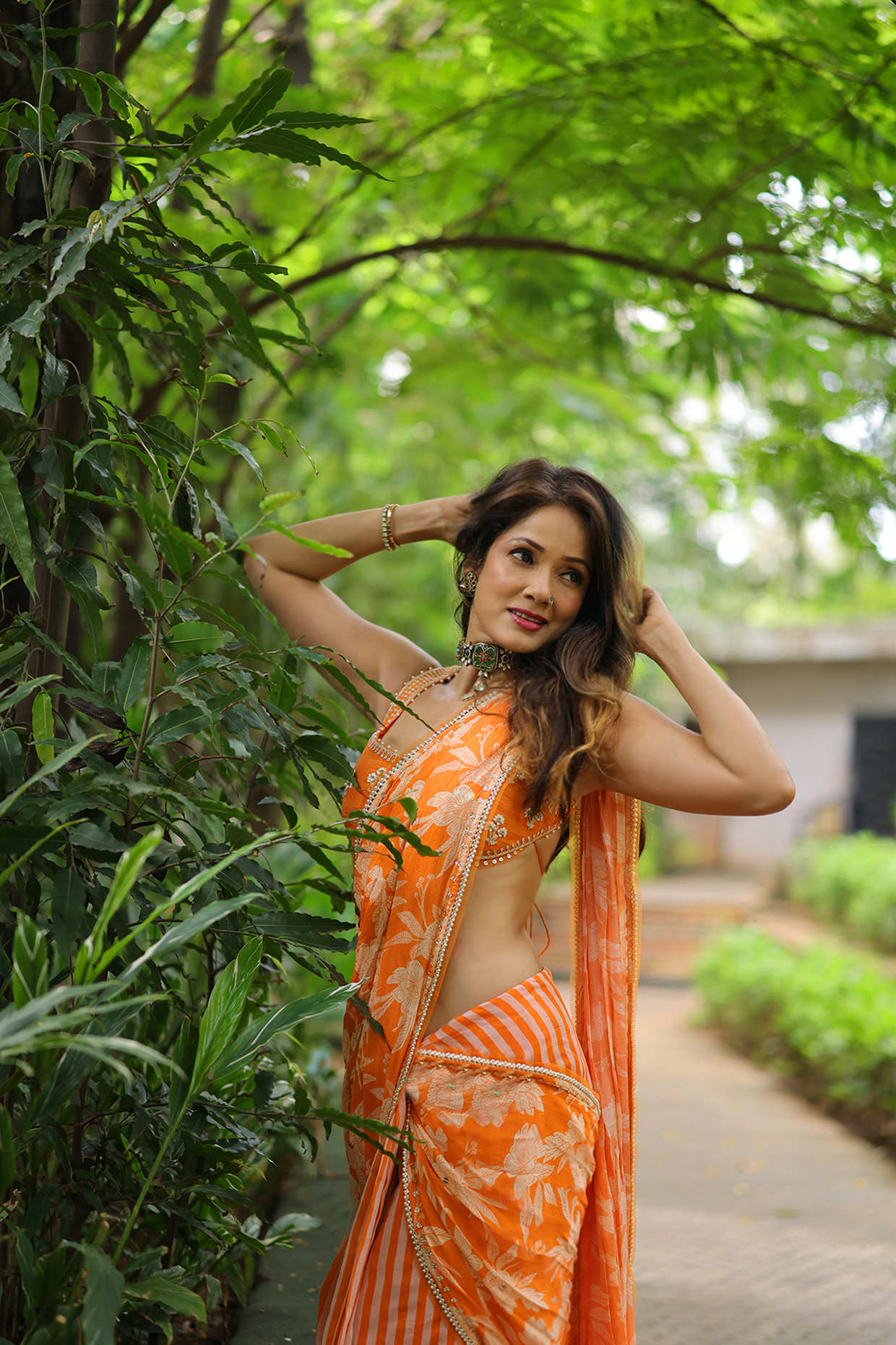 Vidya Malavde In Orange Chiffon Draped Saree Set
