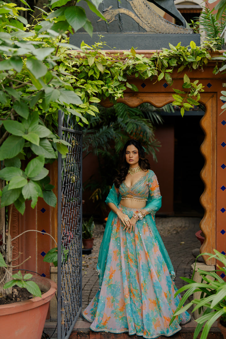 Ecru Printed & Embroidered Organza Lehenga Set
