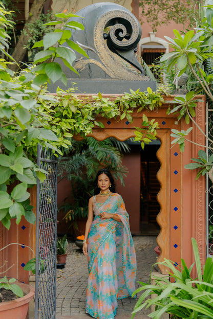 Ecru Printed & Embroidered Organza Saree Set