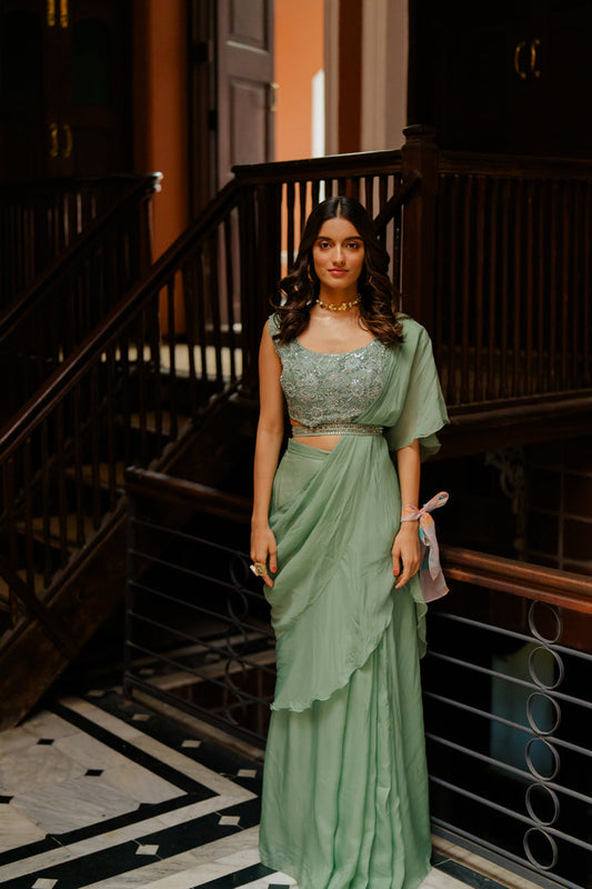 Aqua Embroidered Organza Pre-Draped Ruffle Saree Set