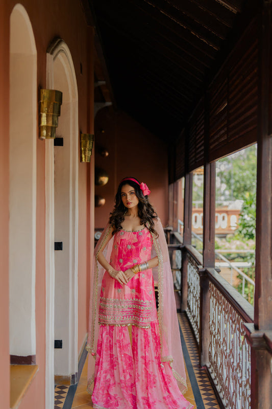 Pink Printed & Embroidered Silk Sharara Set