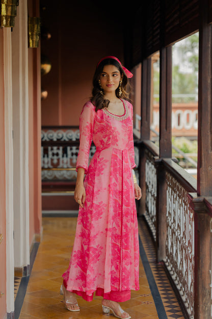 Pink Printed & Embroidered Chiffon Kurta Set