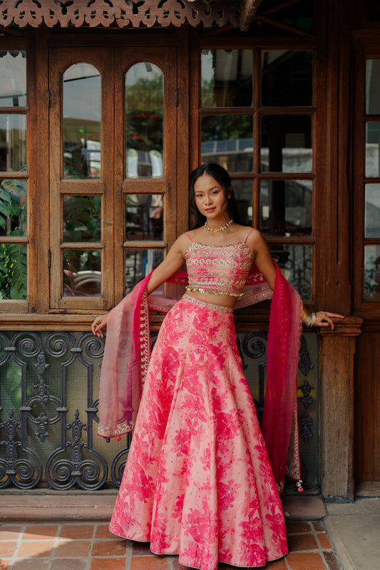 Pink Printed & Embroidered Silk Lehenga Set