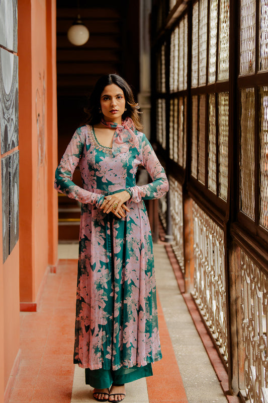 Green Printed & Embroidered Chiffon Kurta Set