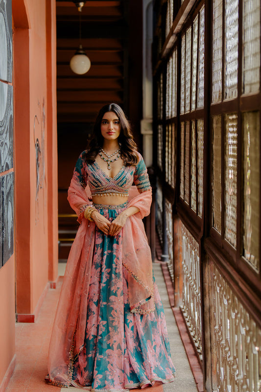 Green Printed & Embroidered Organza Lehenga Set