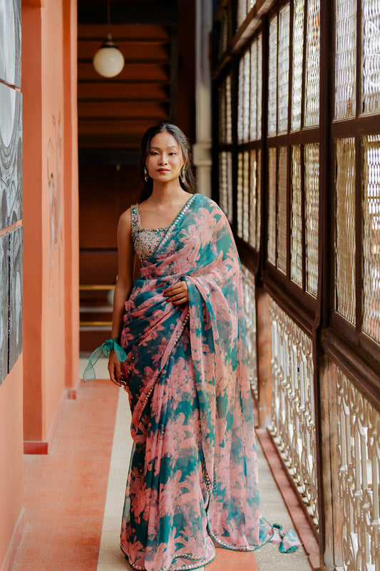 Green Printed & Embroidered Organza Saree Set