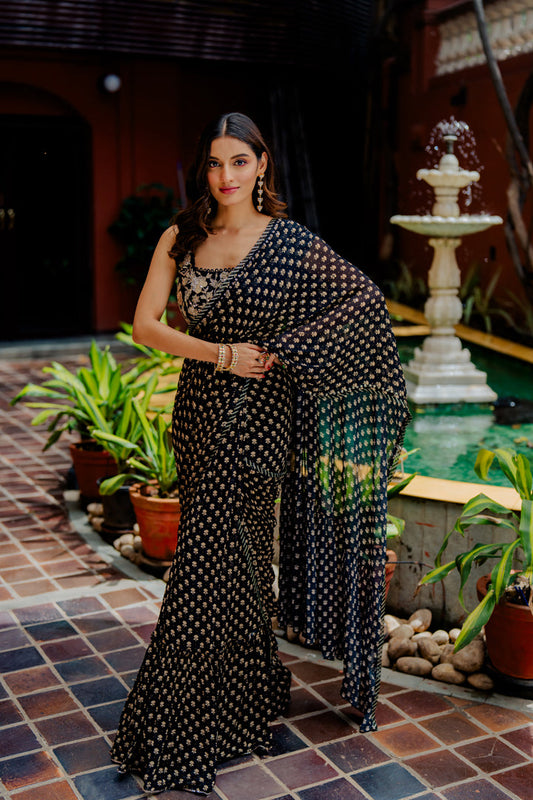 Black Printed & Embroidered Pre-Draped Georgette Saree Set