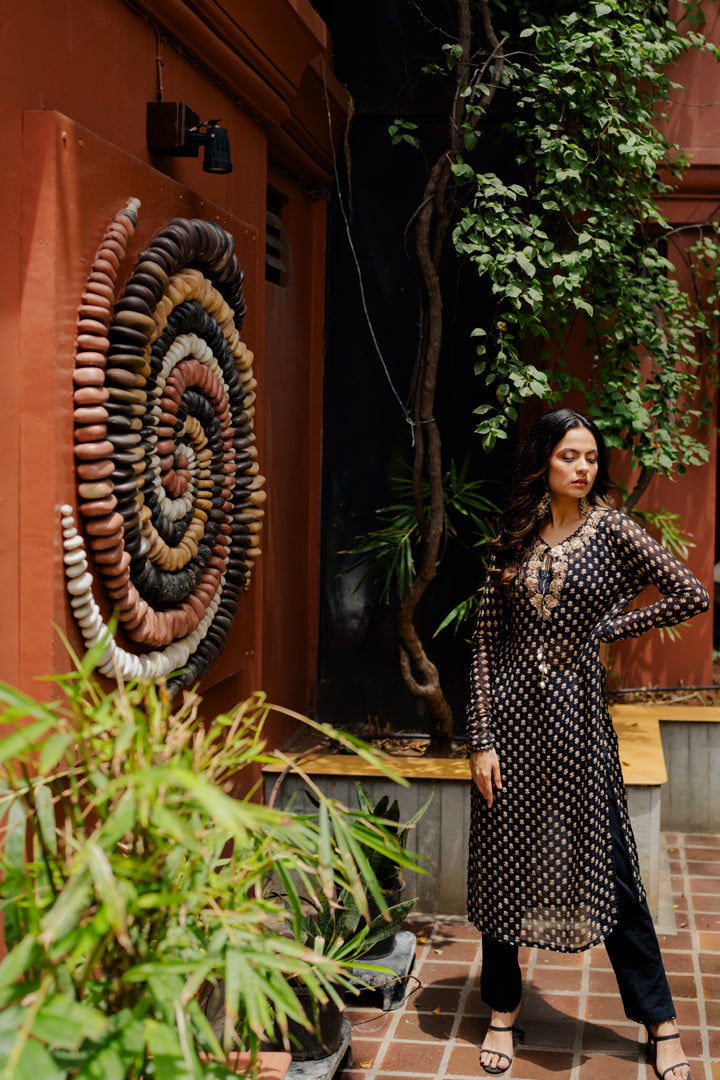 Black Printed & Embroidered Georgette Kurta Set