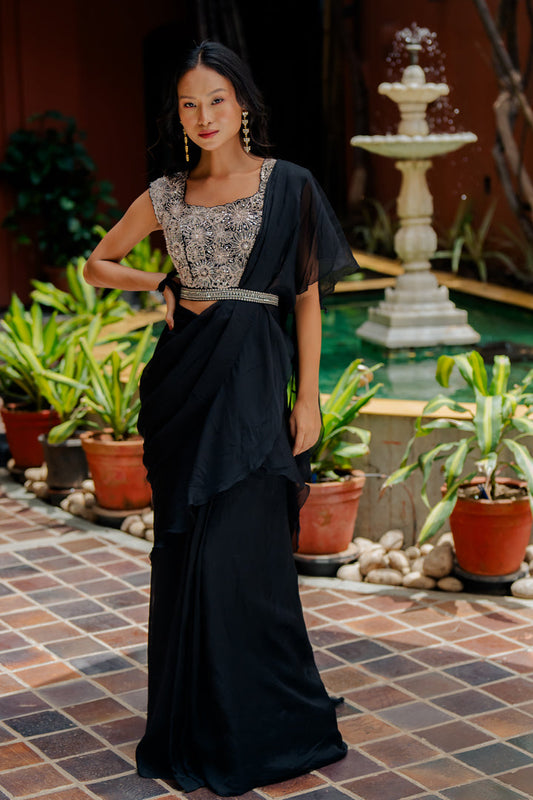 Black Embroidered Organza Pre-Draped Ruffle Saree Set