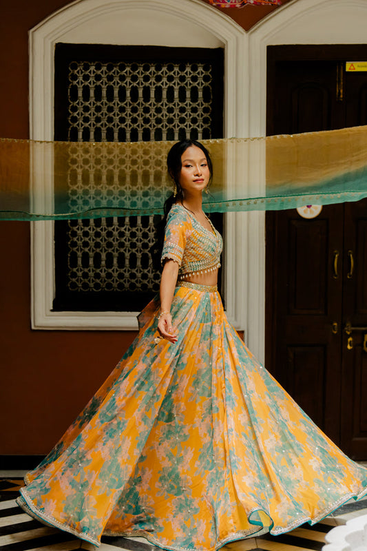 Mustard Printed & Embroidered Organza Lehenga Set