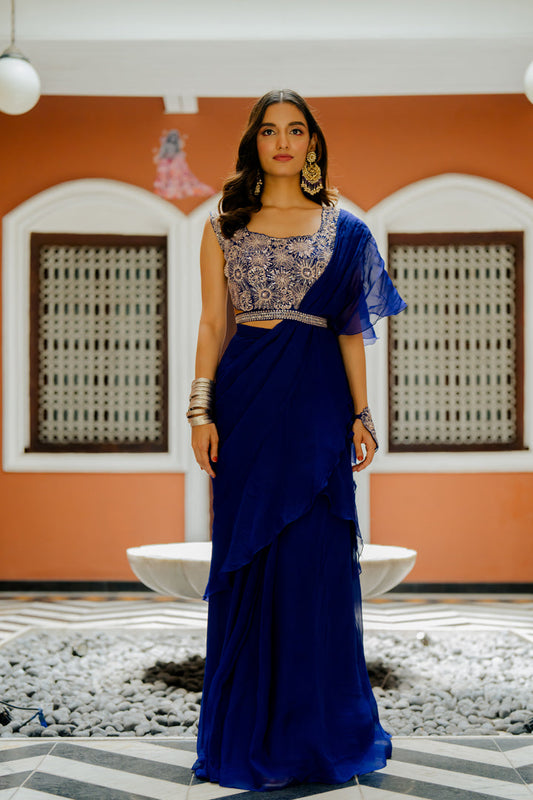 Ink Blue Embroidered Organza Pre-Draped Ruffle Saree Set