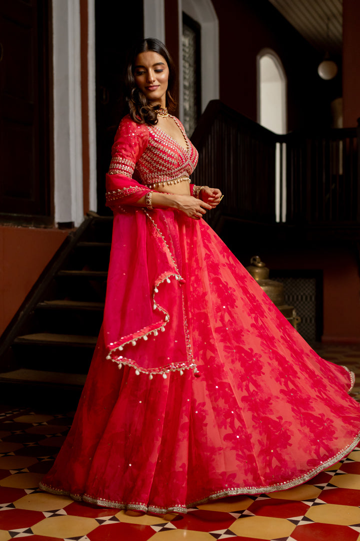 Fuchsia Printed & Embroidered Organza Lehenga Set