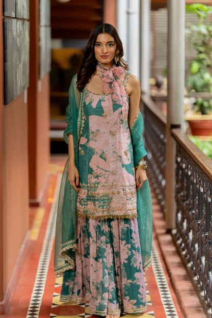 Green Printed & Embroidered Silk Sharara Set