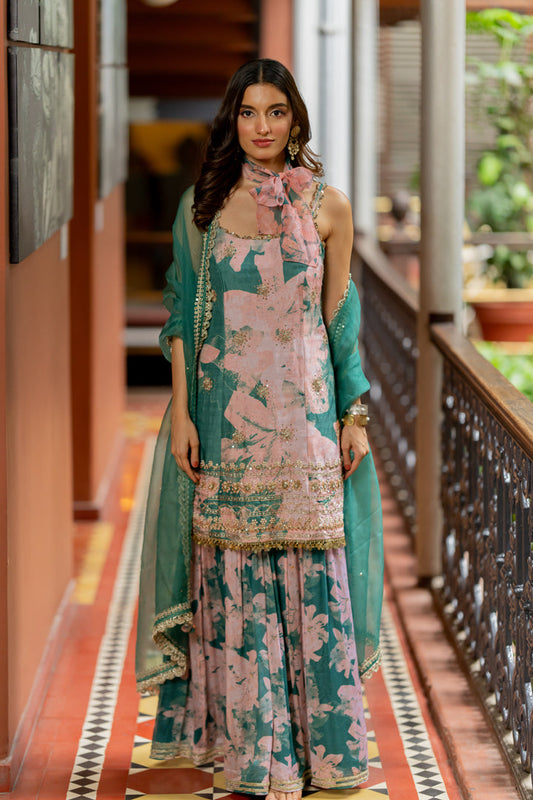 Green Printed & Embroidered Silk Sharara Set