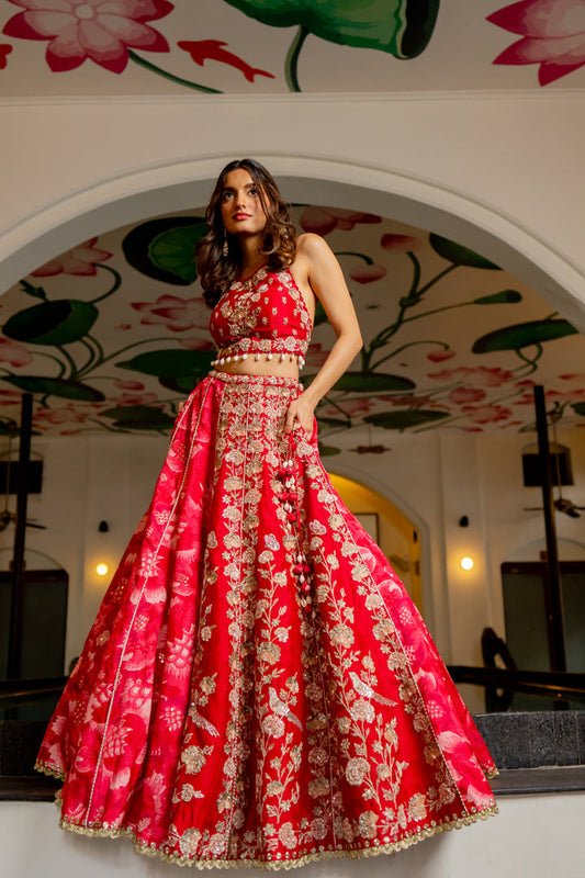 Cherry Red Printed & Embroidered Concept Lehenga Set